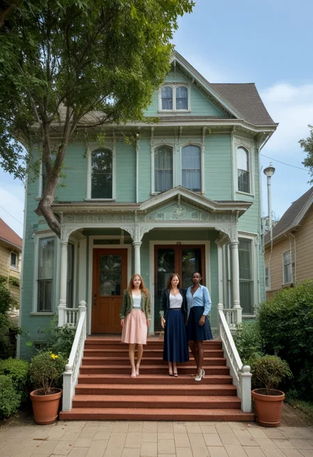 score_9,score_8_up,score_7_up, 3+girls,  African-American women, slender, wearing conservative business jacket, long skirt, standing on front steps of a 2-story house,  Oakland, (arched windows, bay windows, transom, small cornice, clapboard siding ,trim, ornate molding, columns on portico,  human scale, whole house in frame, tree,  power lines, telephone lines, car parked in front, circa 2025, fence, bushes, front view,  straight on,  short cornice, short architrave, white paint, clapboard siding, whole house in frame:0.6),  verticality, loftiness, architecture, real estate <lora:Victorian_House_Pony:0.9> v1ct0r14n