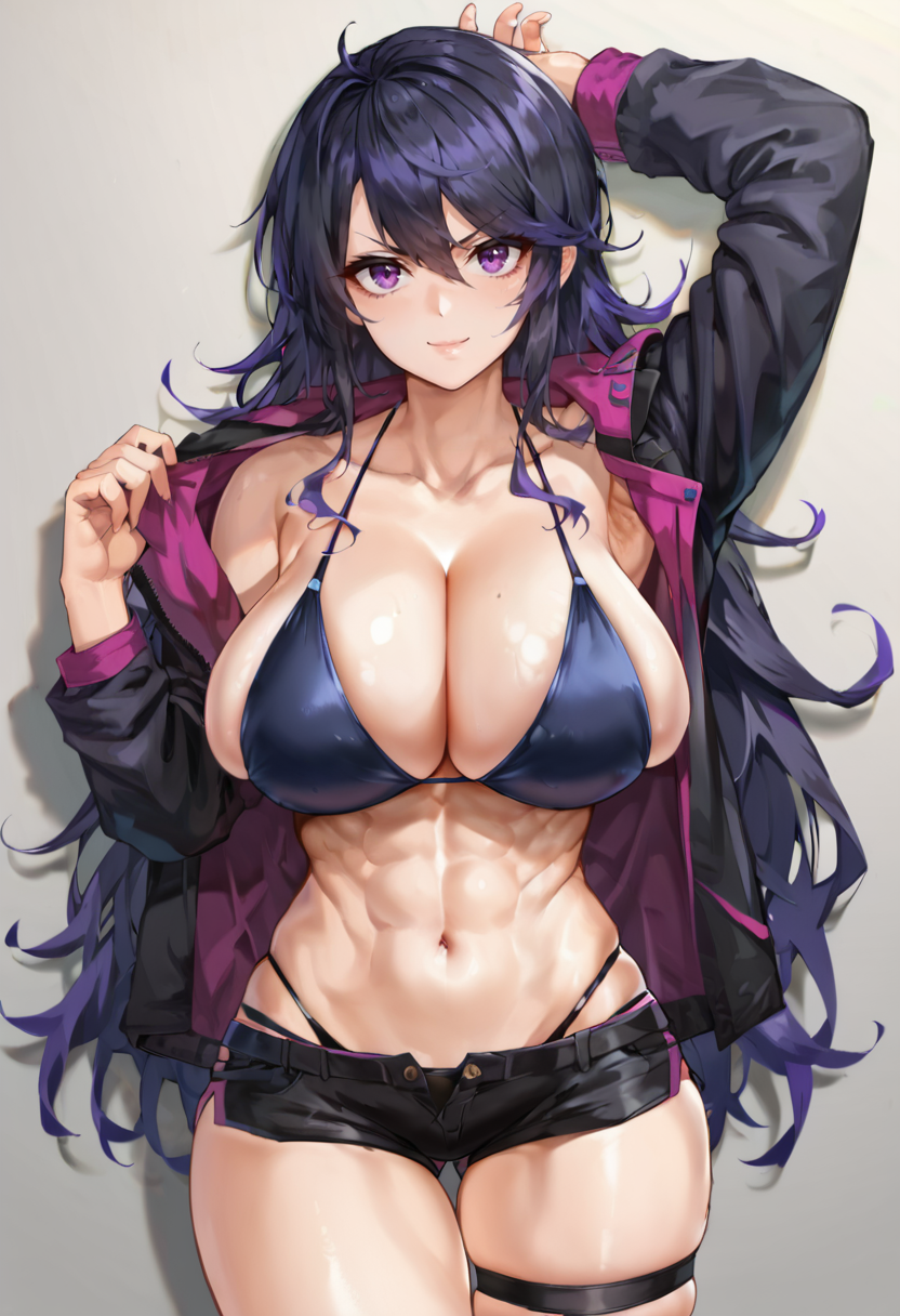 score_9, score_7_up,  1girl, 
huge breasts, wide hips, thick thighs, abs, toned, black jacket, swept bangs, purple eyes, solo, short shorts, open clothes, arm behind head, breasts, long sleeves, black bikini, collarbone, shorts, hair between eyes, navel, long hair, jacket, open jacket, black shorts, shiny skin, cleavage, bikini, looking at viewer, hair strand, v-shaped eyebrows, swimsuit, smile, bikini top only, shiny clothes, thighs, skindentation
 <lora:yunsang-Style-PonyXL-GLoRA:1>