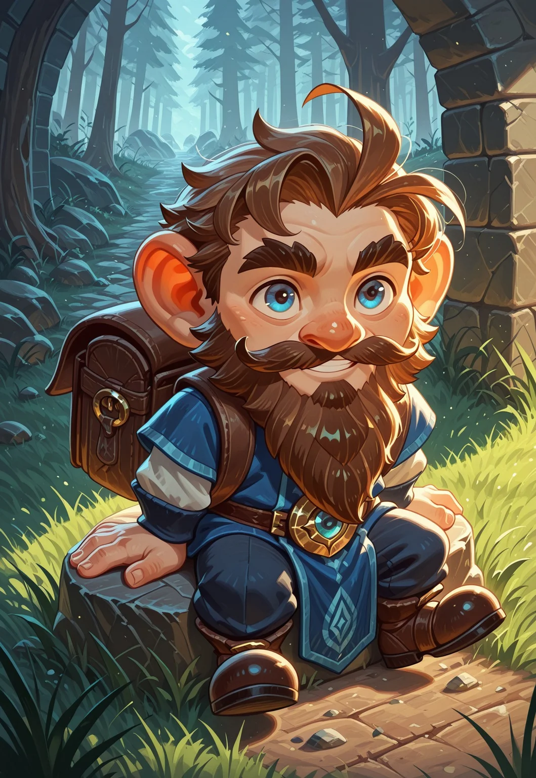 afkJourneyStyle, fantasy, medieval fantasy, fantasy world, wilderness, grass in the floor, solo, one person, alone, gnome, short stature, shortstack, big eyes, big ears,1man, adult, brown hair, messy short hair, short beard, blue eyes, thick eyebrows, blue adventurer clothes, adventurer backpack, confident, sitting in a rock, wilderness, relaxed smile, wanderer