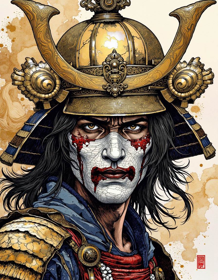 This is a digital artwork created in a mixed media style, blending elements of watercolor and ink.
A portrait of a samurai. He is wearing a gold oni-half-mask with piercing eyes. He has blood on his face. He has a detailed and intricate helmet. His mask has an ornate design on it resembling white cracks on the mask
 solo, looking at viewer, 1boy, black hair, mature, male focus, long hair <lora:Illustration_Style_IV-3:0.9>