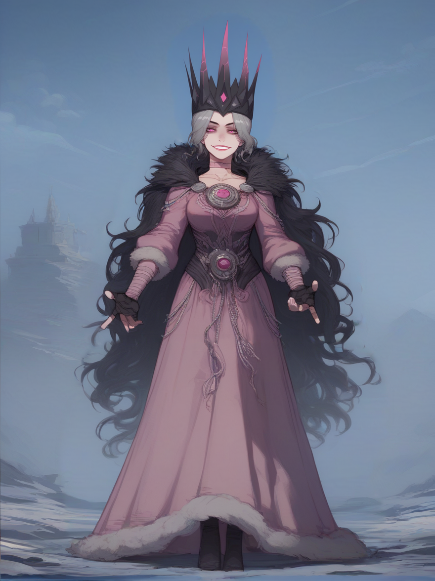 score_9, score_8_up, score_7_up, 1girl, , perfect hands, katarinkis, fur trim dress, fur cloak, crown, headpiece, Slaanesh,Slaanesh corrupted, evil smile, looking at viewer, pink eyes , SlaneeshXL,grey hair,wavy hair, tiara,pink dress,pink choker,black fingerless gloves, black tighhighs, standing , full body, sky, <lora:[GP] somethingweird [Pony XL]:0.2> <lora:Expressive_H:0.8> Expressiveh <lora:ratatatat74_pony_v2:0.8>   <lora:XL_Slaneesh:0.4> <lora:KatarinaKislev2:0.8>