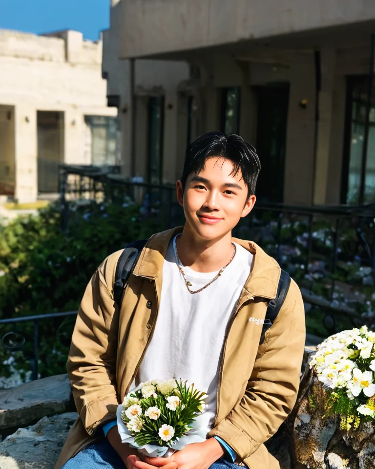 score_9, score_8_up, score_7_up, Korean, <lora:Expressive_H:1>, ((handsome young cute man:1.2, light skin)), ((23yo)),(focus male, solo:1.1), masterpiece, best quality,
The image features a young man sitting on the edge of a rock with a relaxed posture. He is dressed in a casual outfit that consists of white beige trousers and a matching beige jacket. Underneath the jacket, a white t-shirt is visible. The man is holding a small bouquet of flowers, which he seems to be presenting or offering.
 He is slight smiling and looking directly towards the camera, conveying a sense of joy or anticipation. The man has short, dark hair and appears to be in his late teens or early twenties. The background of the image is out of focus but suggests an outdoor setting with architectural features like a building and a structure with a corrugated metal roof.
The style of the image is candid and appears to be a lifestyle or fashion photograph, with shallow depth of field that keeps the person in sharp focus while the background fades into soft colors. The lighting is bright and even, suggesting a sunny day. There are no texts visible in the image.
 <lora:tae_dong-000019:1>, tae_dong