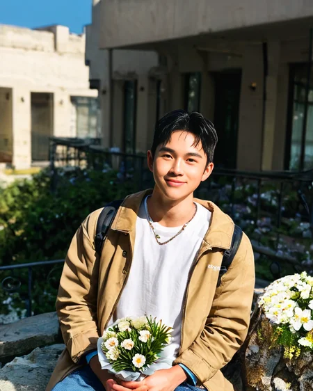 score_9, score_8_up, score_7_up, Korean, <lora:Expressive_H:1>, ((handsome young cute man:1.2, light skin)), ((23yo)),(focus male, solo:1.1), masterpiece, best quality,
The image features a young man sitting on the edge of a rock with a relaxed posture. He is dressed in a casual outfit that consists of white beige trousers and a matching beige jacket. Underneath the jacket, a white t-shirt is visible. The man is holding a small bouquet of flowers, which he seems to be presenting or offering.
 He is slight smiling and looking directly towards the camera, conveying a sense of joy or anticipation. The man has short, dark hair and appears to be in his late teens or early twenties. The background of the image is out of focus but suggests an outdoor setting with architectural features like a building and a structure with a corrugated metal roof.
The style of the image is candid and appears to be a lifestyle or fashion photograph, with shallow depth of field that keeps the person in sharp focus while the background fades into soft colors. The lighting is bright and even, suggesting a sunny day. There are no texts visible in the image.
 <lora:tae_dong-000019:1>, tae_dong