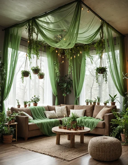 transform the living room into an enchanted forest by hanging sheer, green fabric from the ceiling to create a canopy effect, adding potted plants and trees, and using earthy tones and natural materials for the furniture and decor.