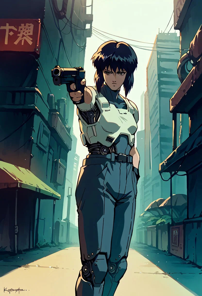 score_9, score_8_up, score_7_up, source_anime,
1girl, solo,
medium hair, black hair,
expressionless, (empty eyes:0.7), relaxed,
cyborg girl, cyborg body,
kusanagi motoko, fingerless gloves,
outdoors, streets, cyberpunk city, futuristic,
cowboy shot, dutch angle,
retro, ghostintheshellstyle
holding weapon, (holding gun:1.2), handgun, (hand in pocket:1.2), (aiming:1.2),
reelmech, mechanical parts, (cable, wires:0.4), machinery, joints, body suit,