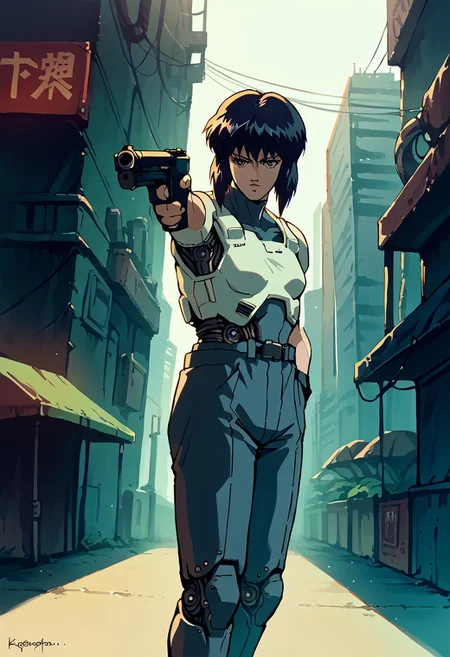 score_9, score_8_up, score_7_up, source_anime,
1girl, solo,
medium hair, black hair,
expressionless, (empty eyes:0.7), relaxed,
cyborg girl, cyborg body,
kusanagi motoko, fingerless gloves,
outdoors, streets, cyberpunk city, futuristic,
cowboy shot, dutch angle,
retro, ghostintheshellstyle
holding weapon, (holding gun:1.2), handgun, (hand in pocket:1.2), (aiming:1.2),
reelmech, mechanical parts, (cable, wires:0.4), machinery, joints, body suit,