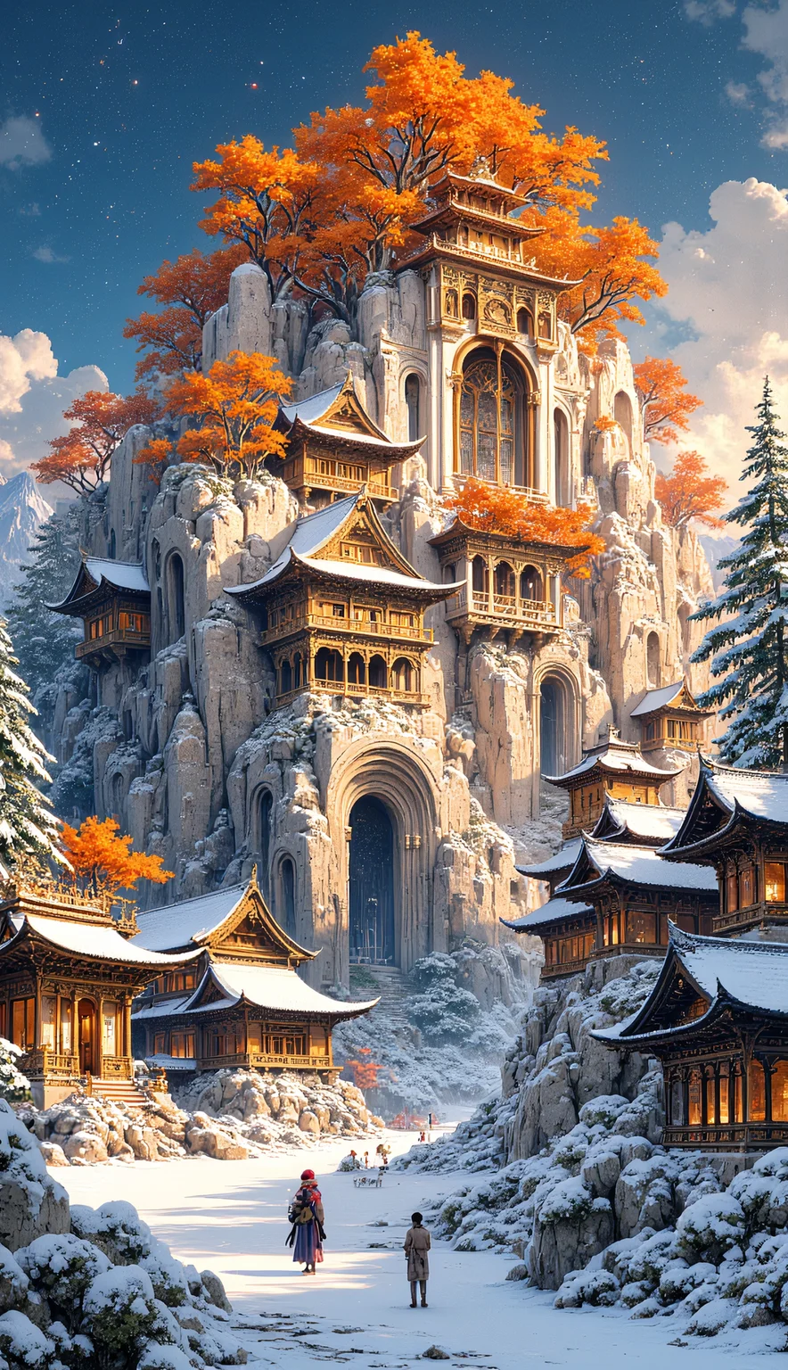 The gorgeous watercolor paintings designed by AI show a palace-level design sense and are pleasing to the eye. The design color is mainly white blue orange like Landscape in winter. white blue orange
