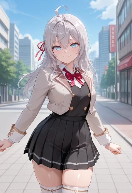 masterpiece,best quality,absurdres, amazing quality, shiny skin
tokyo \(city\), outdoors, cowboy shot, smile, sidewalk, standing, ((dynamic pose)), looking at viewer, alya-san, 1girl, long hair, blue eyes, ahoge, shirt, school uniform, jacket, ribbon, hair ribbon, skirt, grey hair, thighhighs, long sleeves, hair between eyes, white thighhighs, bow, collared shirt, white shirt, red ribbon, bowtie, red bow, blazer, red bowtie, zettai ryouiki, pleated skirt, black skirt, <lora:alya-san-07:1>