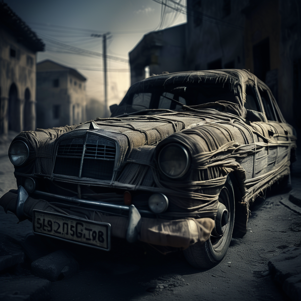 old mummy car, professional photo, very detailed and dramatic, expressive cinematic, darkness, bokeh f1.2<lora:mummy:1>