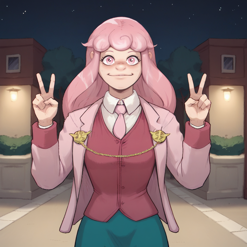 score_9_up, score_8_up, BREAK, GrimalineSmith, 1girl, solo, pink hair, long hair, pink eyes, shirt, vest, pink jacket, pink necktie, pencil skirt, cowboy shot,  <lora:GrimalineSmith_PXL_Leaf1:1>, night, outdoors, double v,