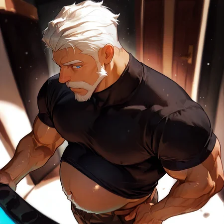 <lora:wulfric__pokemon-000008:.75> wulfric, White hair, blue eyes, Moustache, Big belly,
<lora:pose_perspective:1> perspective, blurry background, blurry foreground, {fisheye|profile, semi-profile|from above|from below}, ((cowboy shot)),
(very short hair), male focus, muscular male, bara, mature, (glossy skin, bara, mature, facial hair,), facial hair, bara, mature, aixiwuganda_(20222192), very awa, masterpiece, best quality, absurdres, newest, perfect quality, detailed background, intricate details,<lora:slider_Body Type_alpha1.0_rank4_noxattn_last:1><lora:Anime Summer Days 2 Style SDXL_LoRA_Pony Diffusion V6 XL:.6> <lora:slider_cfg_scale_boost:.7><lora:Artist6p:.55>, Artist6p, Artist04p,<lora:slider_il_brightness_slider_d1:-.5><lora:slider_il_contrast_slider_d1:-.5>,<lora:slider_contract_controller_illus01_v1:.3>,<lora:slider_DarkSlider1.2_alpha1.0_rank16_full_300steps:-.3><lora:Heavenly_Beauty_r1:1>, (heavenlybeauty,)<lora:slider_style_strength_controller_illus01_v1:.25>