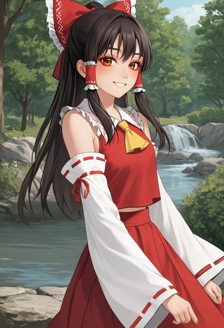 score_4,score_5,score_6,score_7_up,score_8_up,score_9
((masterpiece,best quality,ultra detailed,highres,HD,4k:1.2)),
1 cute girl,solo,
hakurei_reimu,1girl,solo,detached sleeves,hair bow,red bow,ascot,hair tubes,skirt,frills,red skirt,yellow ascot,wide sleeves,standing,frilled bow,red shirt,frilled skirt,ribbon-trimmed sleeves,frilled shirt collar,bare shoulders,red vest,petticoat,nontraditional miko,
smile,