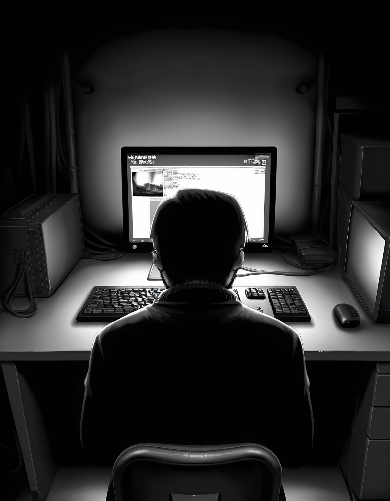 1boy, solo, male focus, 
toshiaki, glasses, facial hair, beard, 
glasses,  frown, 
turtleneck, 
sitting, desktop \(computing\), desk, chair, computer keyboard, 
indoors, dark room, from behind, back
monochrome, greyscale,
masterpiece,best quality,amazing quality,very aesthetic,absurdres,newest,
<lora:StS-Illustrious-Detail-Slider-v1.0:1.5>, <lora:99coins_toshiaki_05:1>