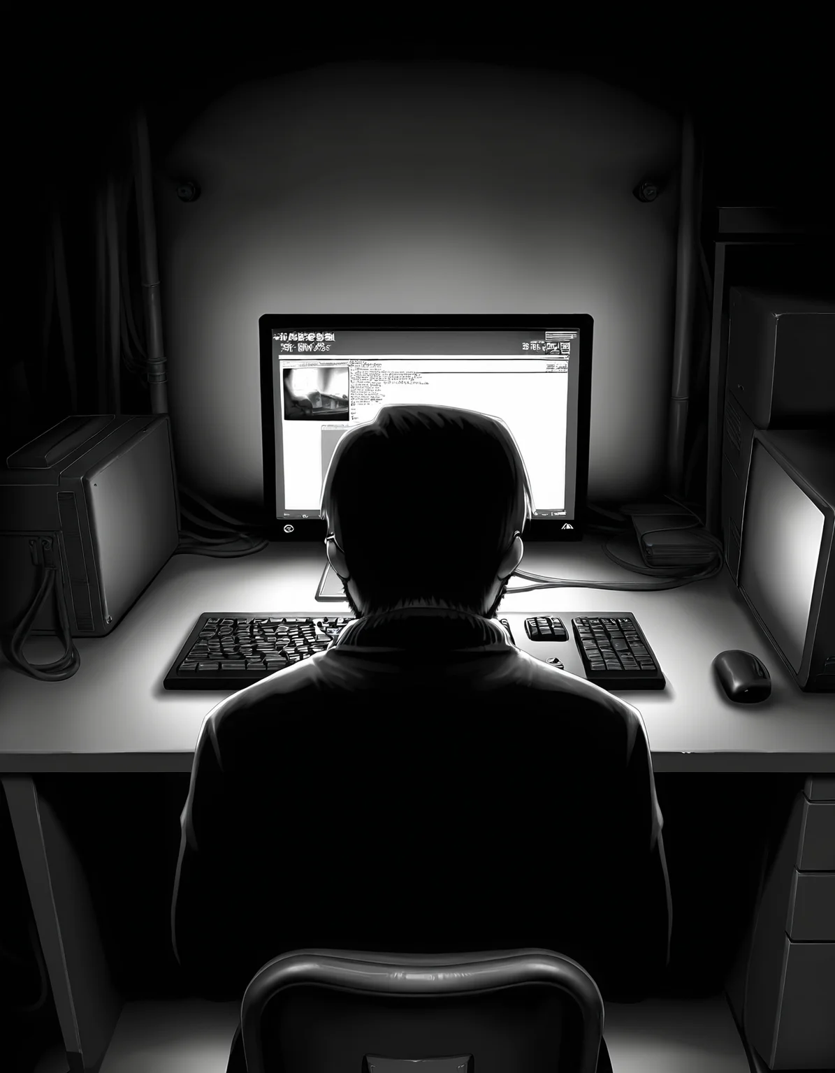 1boy, solo, male focus,
toshiaki, glasses, facial hair, beard,
glasses, frown,
turtleneck,
sitting, desktop \(computing\), desk, chair, computer keyboard,
indoors, dark room, from behind, back
monochrome, greyscale,
masterpiece,best quality,amazing quality,very aesthetic,absurdres,newest,
<lora:StS-Illustrious-Detail-Slider-v1.0:1.5>, <lora:99coins_toshiaki_05:1>