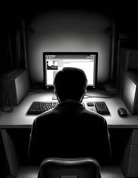 1boy, solo, male focus, 
toshiaki, glasses, facial hair, beard, 
glasses,  frown, 
turtleneck, 
sitting, desktop \(computing\), desk, chair, computer keyboard, 
indoors, dark room, from behind, back
monochrome, greyscale,
masterpiece,best quality,amazing quality,very aesthetic,absurdres,newest,
<lora:StS-Illustrious-Detail-Slider-v1.0:1.5>, <lora:99coins_toshiaki_05:1>