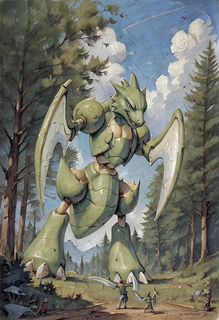 score_9, score_8, score_7, forest, low-angle_view, (Scyther, (giantess), male, slim), gothic art, oil painting, traditional media, realistic, best_quality