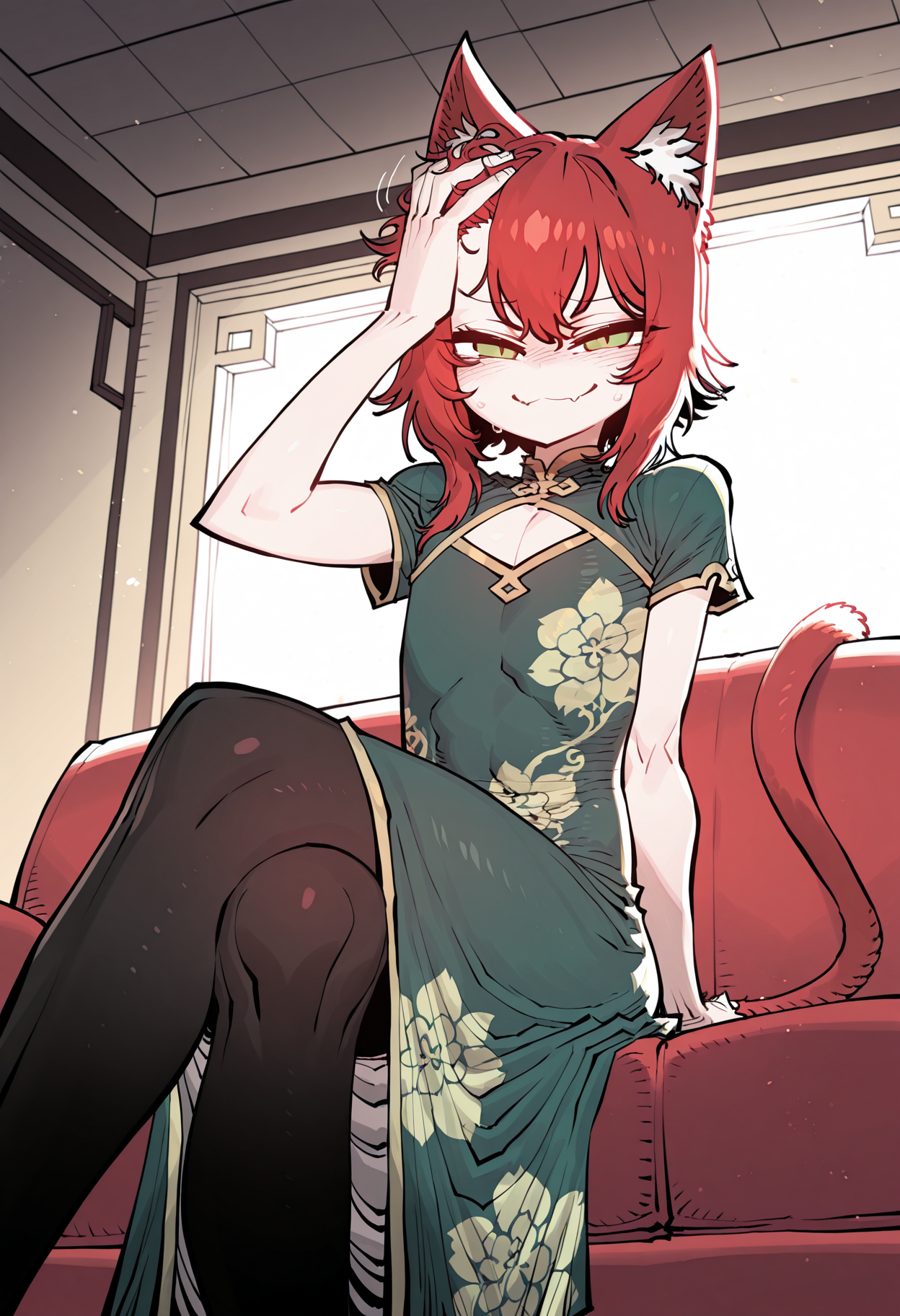 1boy, trap, flat chest, skinny, red tail, red cat ears, bob hair, red hair, green eyes, slit pupils,
chinese princess outfit, green dress, short sleeves, blushing, shy, long skirt, (floral print dress), sitting on sofa, crossed legs, black stockings,
from below, smug, hand on hair, looking at viewer,
indoors,
<lora:SSAMBAteaIL-style:1>, ssambatea,masterpiece,best quality,amazing quality,