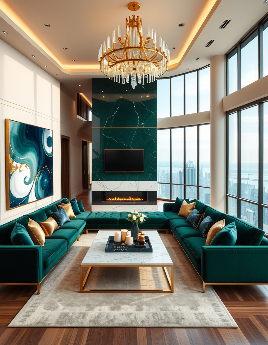 A lavish and modern luxury living room with a spacious open layout. The room features a grand chandelier with crystal details hanging from a high ceiling. Plush velvet sofas in deep emerald green and navy blue are arranged around a sleek marble coffee table with gold accents. The floor-to-ceiling windows allow natural light to flood the space, revealing a breathtaking city skyline in the background. A contemporary fireplace with a sculptural design adds warmth, while elegant artwork and designer decor pieces complete the sophisticated ambiance. The lighting is soft and ambient, creating a cozy yet opulent atmosphere.
<lora:SDXLFaeTastic2400:0.4> <lora:extremely_detailed:0.4> extremely detailed,  <lora:luxurious_l1v1ng_r00m:1>,luxurious l1v1ng r00m, Masterpiece,best quality,hi res,8k,hi res,8k,award winning,(sharp focus, intricate, highly detailed),