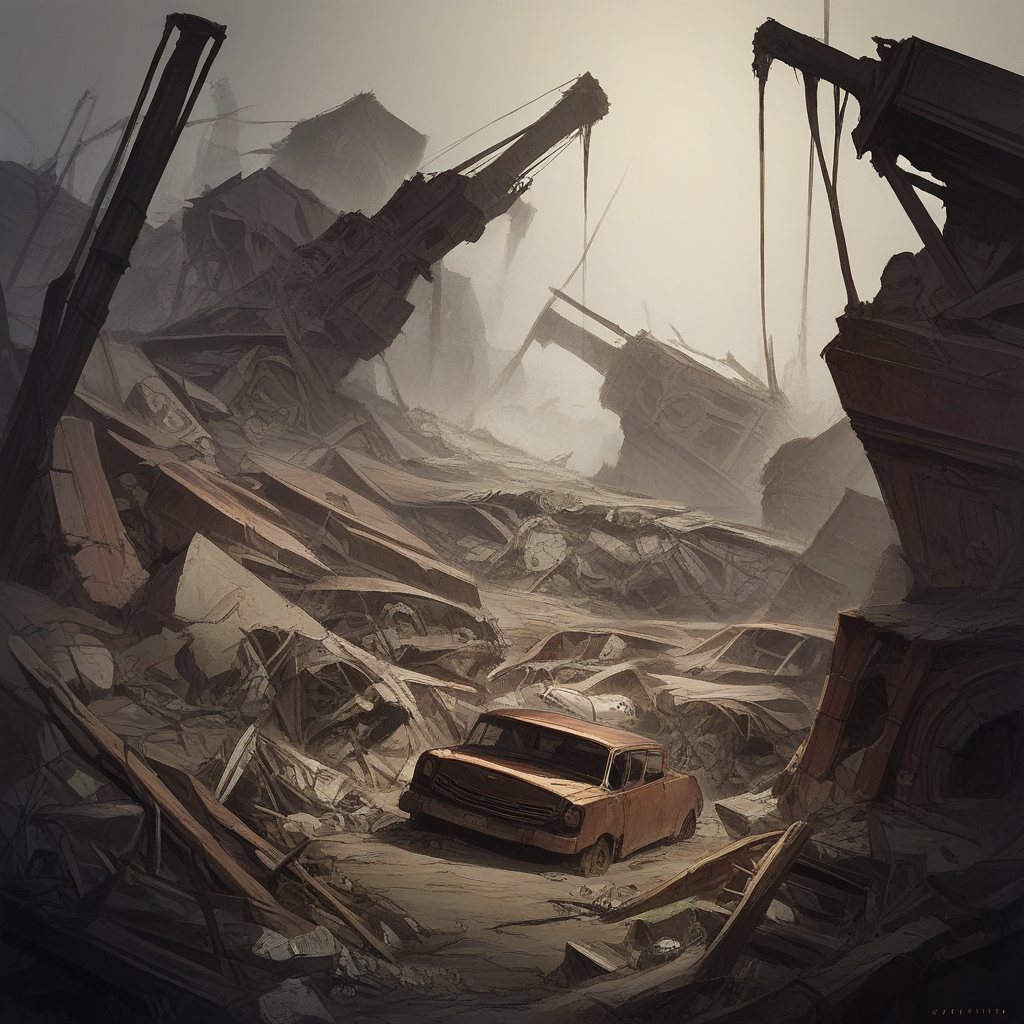 score_9, score_8_up, score_7_up, score_6_up, score_5_up, score_4_up, zPDXL2,source_anime,rating_questionable,   <lora:Scrapyard:0.8> scr4pyard, outdoors, ruins, motor vehicle, scrapyard, junkyard