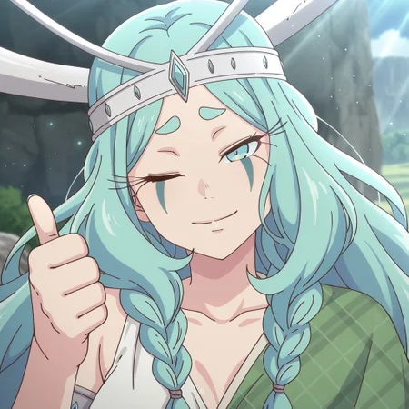 masterpiece,best quality,amazing quality,good quality,absurdres,anime screencap,solo,1girl,Queen boudica (radiant),aqua hair,very long hair,braid,twin braids,thick eyebrows,eyelashes,aqua eyes,large breasts,facial mark,crown,fake horns,dress,armlet,smile,one eye closed,closed mouth,thumbs up,looking at viewer,upper body portrait,outdoors,day,sunlight,light particles
