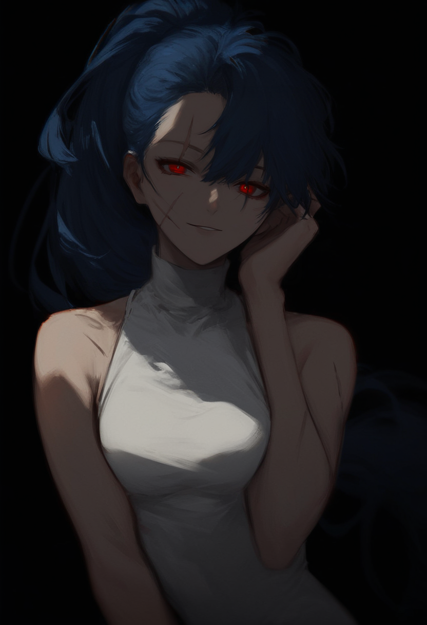 score_8_up, 1girl, blue hair, solo, bare shoulders, medium breasts, sleeveless, pants, red eyes, black background, [open fly,:0.2] white leotard, turtleneck, ponytail, long hair, seductive smile, looking at viewer, light blush, face focus, scar across eye
<lora:DarkerThanDarkV1:0.5>