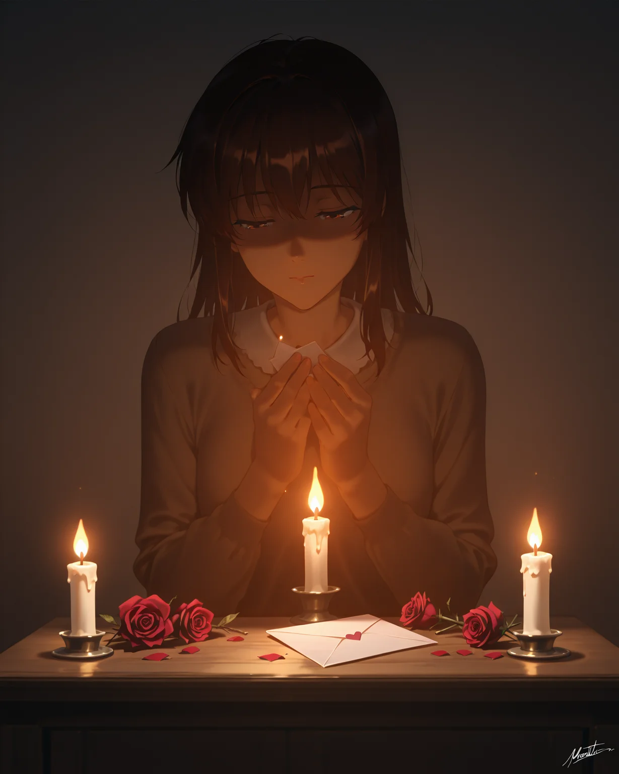 vintage, love letter, candlelight, faded ink, dried roses, nostalgia, melancholic, moody tones, soft shadows, warm glow, sentimental, atmospheric, poeticâââ