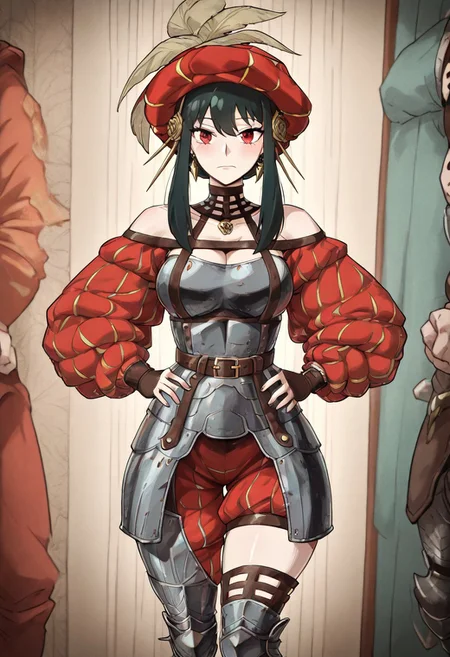 masterpiece, best quality, newest, absurdres, highres, anime, anime style, TTCSV1.0
LKAV1.0, landsknecht, armor, belt, breastplate, chaperon hat, faulds, asymmetrical legwear, asymmetrical armor, puffy sleeves, puffy pants,
1girl, yor_briar, spy_x_family, black_hair, red_eyes,