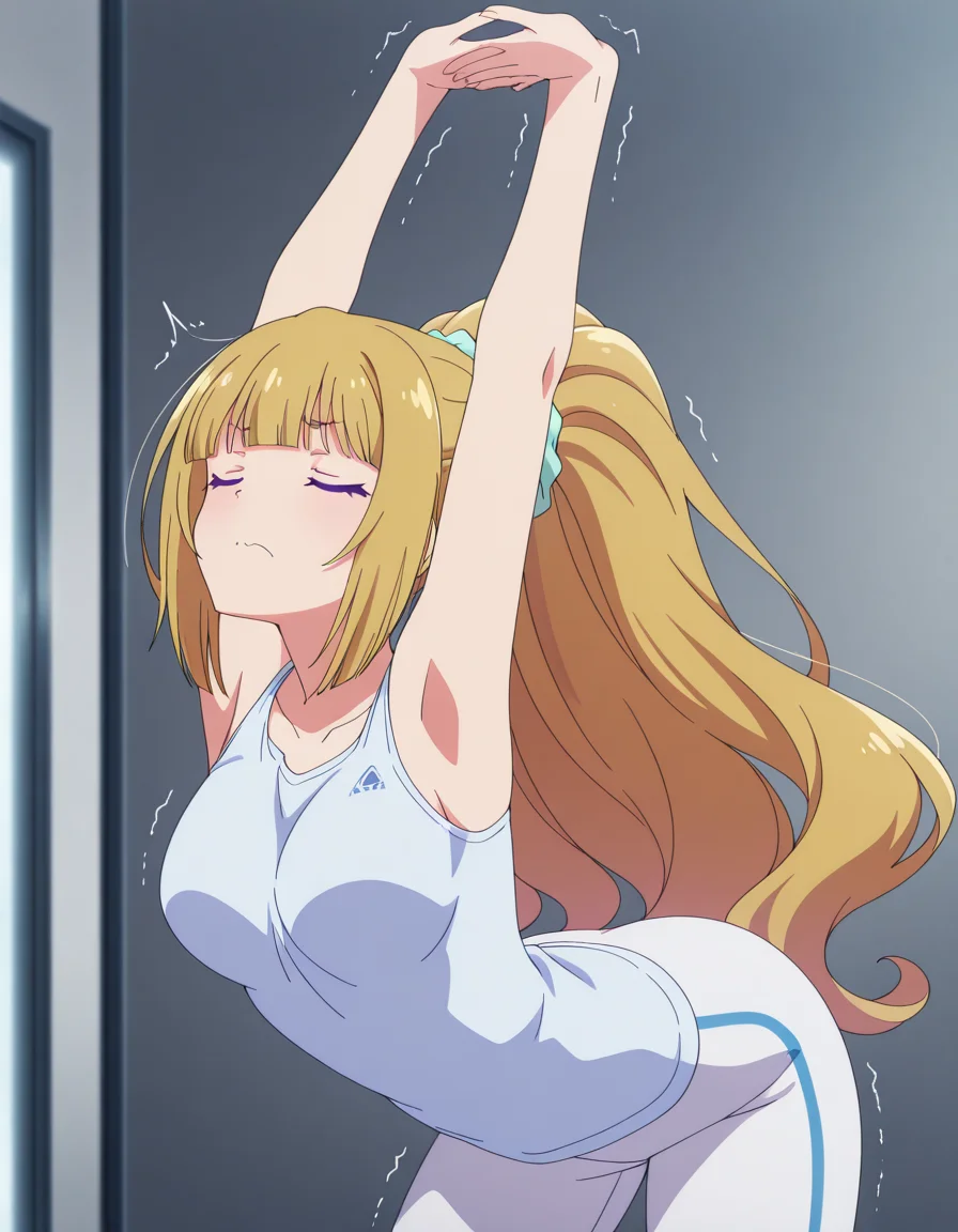 masterpiece, best quality, amazing quality,, <lora:kei-karuizawa-s2-v2-illustriousxl-lora-nochekaiser:1>, kei karuizawa, long hair, bangs, blunt bangs, purple eyes, blonde hair, hair ornament, ponytail, scrunchie, breasts, blue scrunchie, anime screencap, <lora:cammy-stretch-illustriousxl-lora-nochekaiser:1>, cammy stretch, cammy stretch (meme), stretching, arms up, arched back, cowboy shot, trembling, closed eyes,, , ,