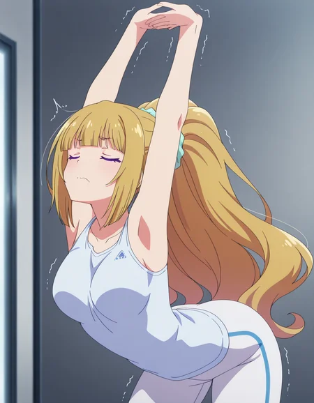 masterpiece, best quality, amazing quality,, <lora:kei-karuizawa-s2-v2-illustriousxl-lora-nochekaiser:1>, kei karuizawa, long hair, bangs, blunt bangs, purple eyes, blonde hair, hair ornament, ponytail, scrunchie, breasts, blue scrunchie, anime screencap, <lora:cammy-stretch-illustriousxl-lora-nochekaiser:1>, cammy stretch, cammy stretch (meme), stretching, arms up, arched back, cowboy shot, trembling, closed eyes,, , ,