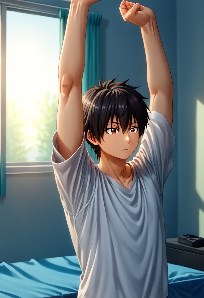 high resolution, solo, best quality, 1Boy, Seiya Kanie, Black Hair, Short Hair, Thin, Brown Eyes, Morning exercise, stretching, fresh air, start,
