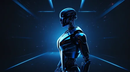 a robot, Minimalist, hologram, abstract, dark blue, technological , bright light, j_background
