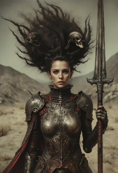 Buxom charming heavy armored HR Giger inspired knightess with flamboyant towering shoulder Armor And long Hair, Freckles, shaded eyes, vibrant creativity in a single frame, a kaleidoscope of DARK Red and Grey colors, She holds an old, impressively large weapon in her hand, exuding a laid-back yet dangerous vibe. The photo features faded colors, with a limited palette of gray, beige, and washed-out orange, capturing her cool, striking appearance.. cinematic composition, soft shadows, national geographic style,
atmospheric haze, Film grain, cinematic film still, highly detailed, high budget, cinemascope, moody, epic, OverallDetail, gorgeous, 2000s vintage RAW photo, photorealistic, candid camera, color graded cinematic, eye catchlights, atmospheric lighting, skin pores, imperfections, natural, shallow dof,