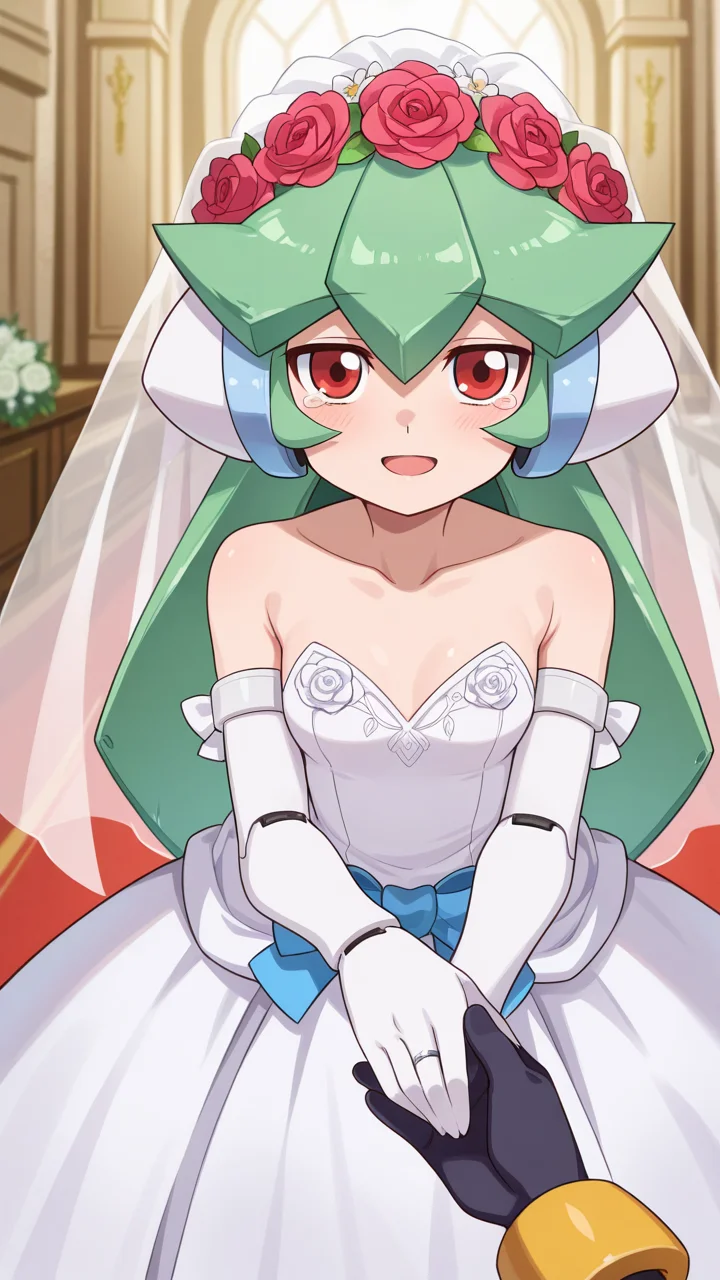 masterpiece, best quality, amazing quality, very aesthetic, absurdres, newest, anime screencap, <lora:pandoraILM:1.4>, pandora (mega man), yabe makoto, mega man zx, android, bangs, red eyes, long hair, very long hair, green hair, white helmet, headwear, forehead jewel, robot ears, small breasts, joints,, wedding dress, wedding, flower, wedding ring, hair flower, bridal veil, flower, gloves, hair ornament, happy, happy tears, open mouth, looking at viewer, pov, pov hands, ribbon, ring, white dress, sleeveless dress, collarbone, bare_shoulders, holding hands,