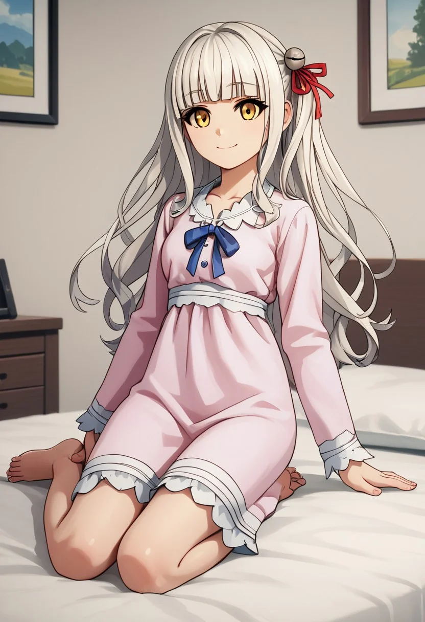 score_4,score_5,score_6,score_7_up,score_8_up,score_9
((masterpiece,best quality,ultra detailed,highres,HD,4k:1.2)),
1 girl,solo,yellow eyes,long hair,white hair, blunt bangs, side locks,bell hair ornament, hair ribbon, red hair ribbon, pink and white dress,Dress pajamas,bare foot,blue ribbon on clothes, flill,
room,bed room,Sitting on the bed,
smile,light smile,