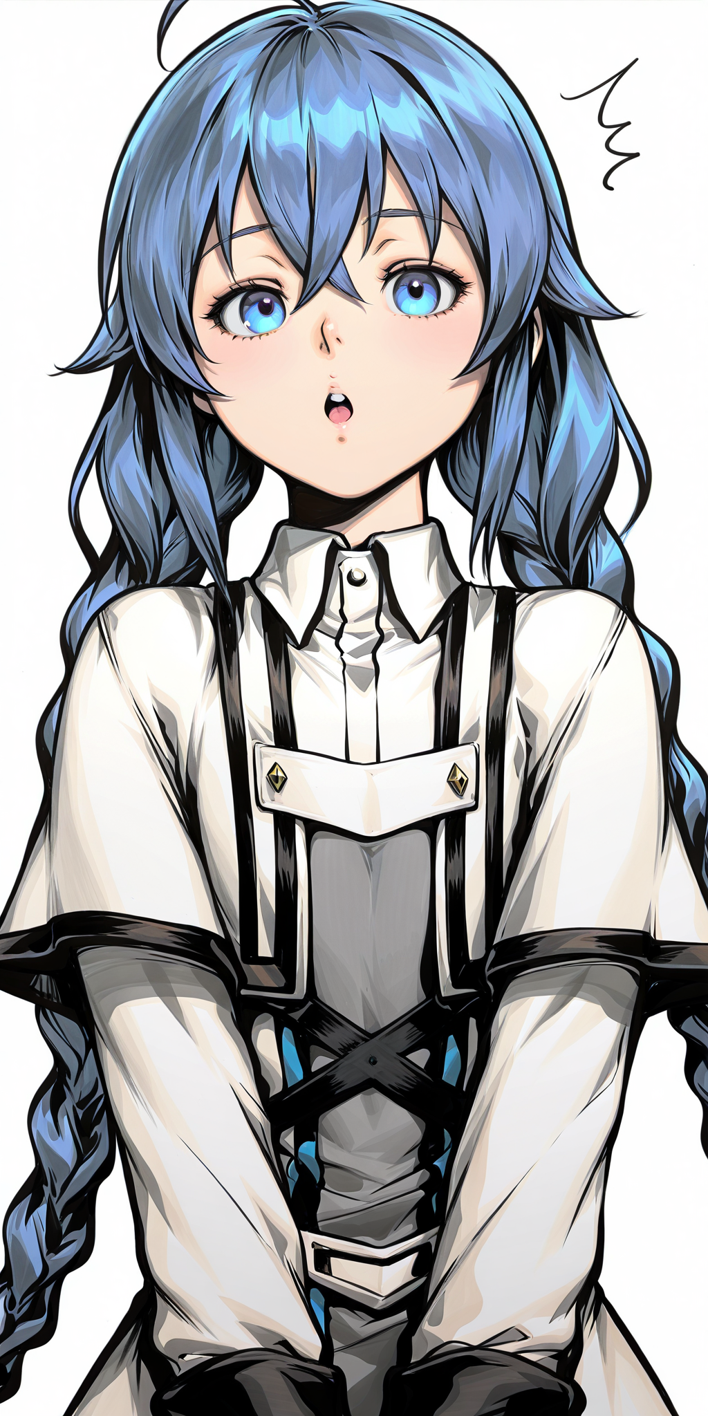 {{amazing quality, best quality, high quality, very aesthetic}}, 1girl, solo, looking at viewer, simple background, roxy migurdia, twin braids, blue hair, blue eyes, :O, amazed
 <lora:Artgerm_Sketch_Illustrious:1>