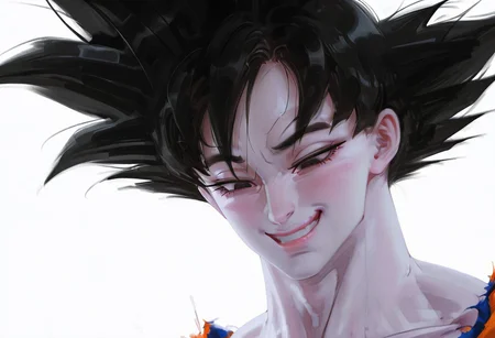 masterpiece, best quality, amazing quality, masculine face, daddy looking face, Older men, masculine,
Goku, Saiyan, Black hair, black eyes,  <lora:Goku__Dragon_Ball-000006:0.6>,
crazy eyes, Orgasm face, smug,
tlarger men, Big body, broad shoulders, muscular male, 
 collarbone,simple background, white background, eyelashes, looking down, half-closed eyes, portrait, pale skin, close-up,  long eyelashes,
wlop, nhl-001, limited palette, realistic <lora:noobai_ep11_stabilizer_v0.138_fp16:0.3> <lora:NOOB_vp1_detailer_by_volnovik_v1:0.3> <lora:nhl-002-nai:0.7> <lora:nhl-001-20:0.8> <lora:XXX667:0.6>