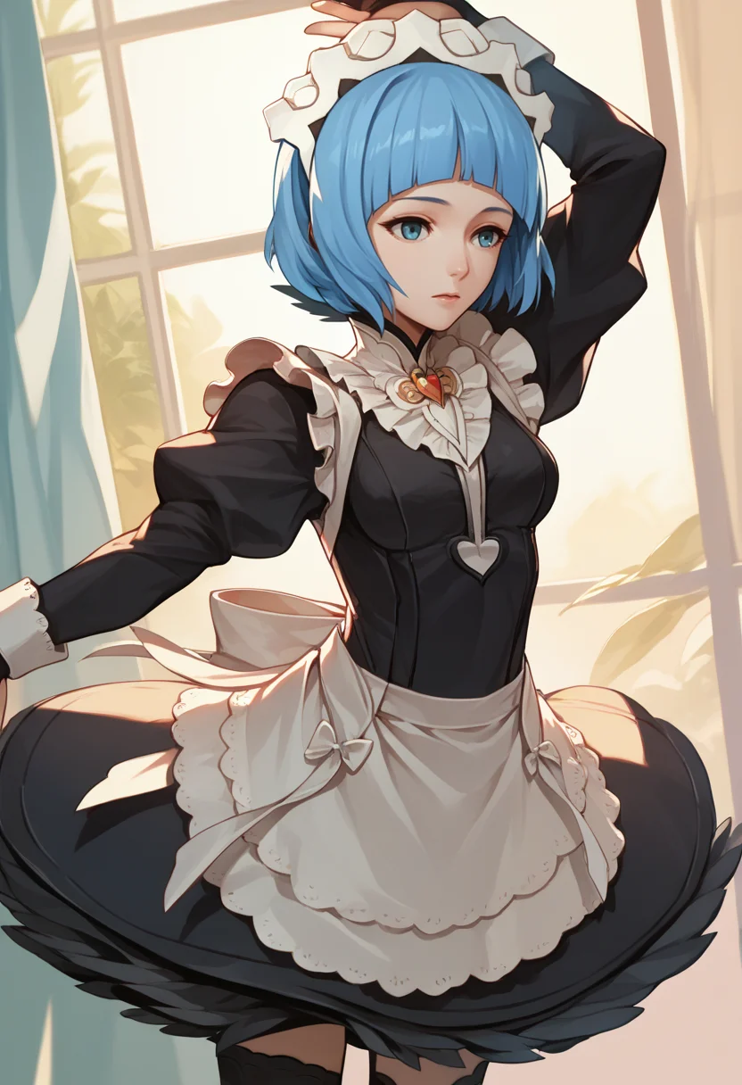 score_9, score_8_up, score_7_up, source_anime, BREAK 1girl, solo, <lora:fatesmaid-fe-richy-v1_pdxl:0.9> fates maid, maid headdress, maid apron, black thighhighs, <lora:silque-fe-richy-v1_pdxl:0.8> silquernd, blue hair, short hair, blue eyes, breasts
