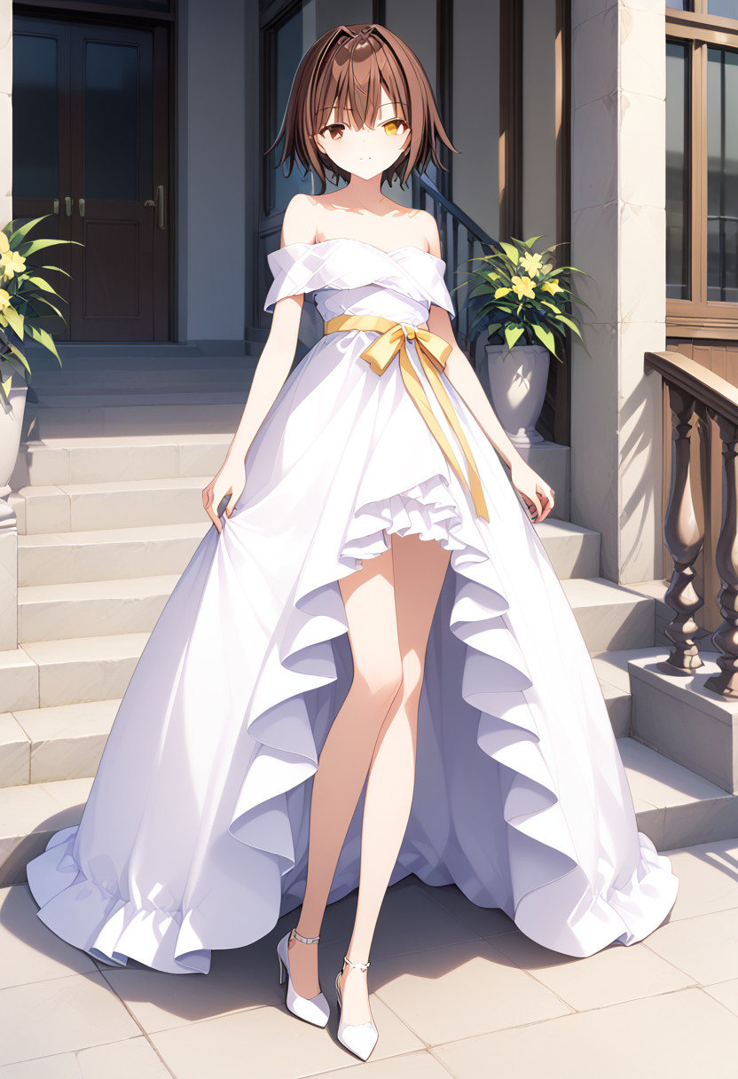 full body, <lora:KC_03HC_furutaka_pony-000015:1>furutaka-kc, brown hair, short hair, brown eyes, yellow eyes, heterochromia, 
ffurutakadress-kc, bare_shoulders_yellow_ribbon, white dress, bare shoulders, bare legs, white heels,, score_9,score_8_up, score_7_up, source_anime, masterpiece, best quality,  official art, official style, game cg, megami magazine, rating_safe, rating_questionable, <lora:Fixhands_anime_bdsqlsz_V1:0.75>,