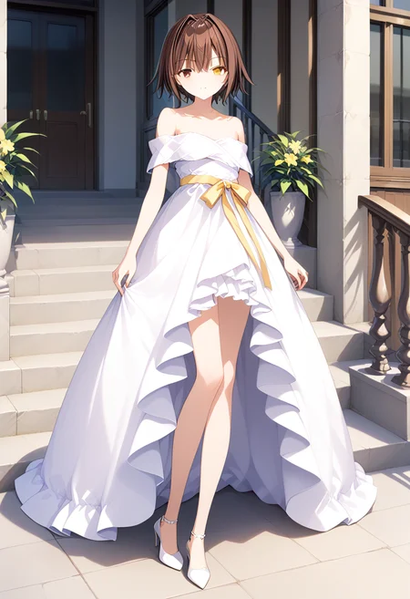 full body, <lora:KC_03HC_furutaka_pony-000015:1>furutaka-kc, brown hair, short hair, brown eyes, yellow eyes, heterochromia,
ffurutakadress-kc, bare_shoulders_yellow_ribbon, white dress, bare shoulders, bare legs, white heels,, score_9,score_8_up, score_7_up, source_anime, masterpiece, best quality, official art, official style, game cg, megami magazine, rating_safe, rating_questionable, <lora:Fixhands_anime_bdsqlsz_V1:0.75>,