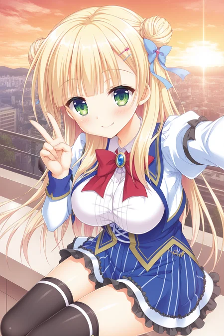 masterpiece, best quality, high quality, detailed, absurdres,newest, scenery, 1girl, solo, official style,best perspective,depth of field, very_aesthetic, best_quality ,high_resolusion, (8K:1.5),,crisp quality, ultra detailed,perfect anatomy,perfect lighting,anime screencap, perfect eyes,detailed eyes, <lora:Sylvia_V4_Illustrious:1>,Sylvia,blonde hair,bangs,green eyes, bangs,Uniform Sylvia,double bun,odango hair,hairclip,(single_blue_hair_ribbon:1.5),large breasts,red bowtie,juliet sleeves,blue skirt,skirt,black frills,hair ornament,black thighhighs,thighhighs,
1girl, solo, v, smile, looking at viewer, sunset, sitting, selfie, cityscape, sky, outdoors, closed mouth, city, cloud,