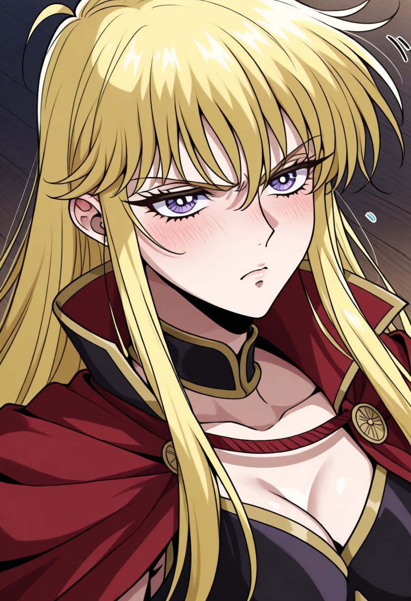 masterpiece, best quality, newest, highres, uncensored, 1girl, yokota mamoru style,1girl, slender face，motion lines,blush
Cecilia,Ahoge Hair, Blonde Hair, Waist Length Hair,Long Hair,Violet Eyes,Large Eyes,Choker,Slim
1 girl,solo,female romanarmy warrior with helmet on and red cape, long blonde hair, angry <lora:ARWromanarmy:1>