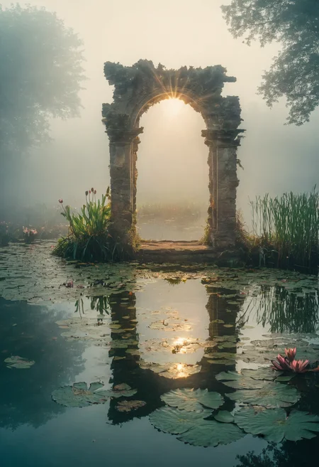 portalnarium, sparks double exposure glow portal, wining award art, mystical light, two layer ruins mirroring in lake, water lilies, absurdres, roll fog:0.5, sunwave, wet glare, hight quality, (((masterpiece))), action-packed, detailed, <lora:add-detail-xl:1> <lora:Double_Exposure:1>