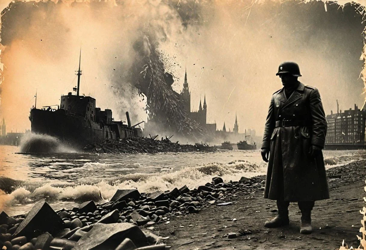 Godzilla on the shore of Hamburg, B&W 35mm vintage photo, WW2 picture, destroyed city backdrop, easynegative, realisticvision-negative-embedding