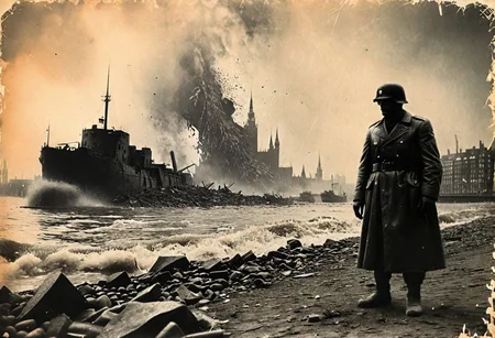 Godzilla on the shore of Hamburg, B&W 35mm vintage photo, WW2 picture, destroyed city backdrop, easynegative, realisticvision-negative-embedding