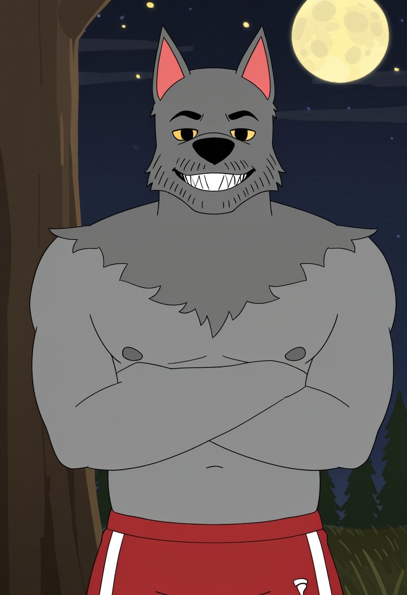 score_9, score_8_up, score_7_up, masterpiece, high quality, detailed, flat colors, solo, male, werewahlfberg, anthro, athletic, grey fur, dark grey top fur, nipples, pointed ears, black nose, yellow sclera, black eyes, eyebrows, sharp teeth, red jogging pants, half body shot, looking at viewer, chill, smiling, crossed arms, leaning behind a tree, outdoors, night, full moon, stars, grassy plains, woods.