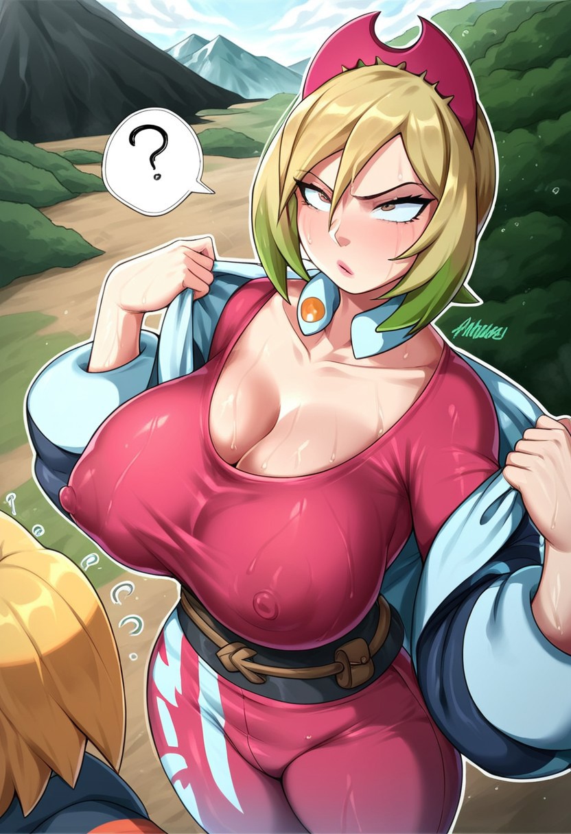 score_9, score_8_up, score_7_up,  (Volcano Mountain Setting), Irida from Pokemon Legends, pulling shirt collar, deep valley cleavage, large breasts, tight uniform, exasperated face, raised eyebrow, question mark above head,   fanning face with hand, VERY sweaty, sweat droplets, slightly erect nipples under clothes,