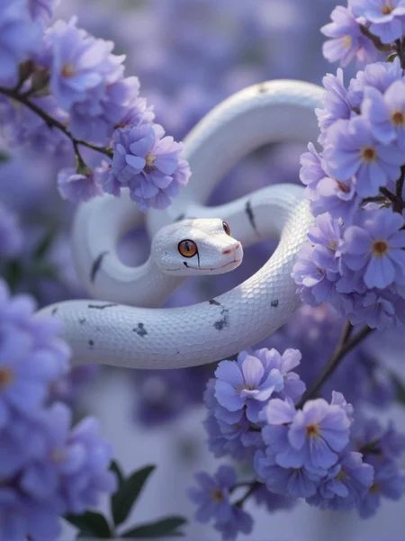 <lora:ck-LttleGhost-000011.safetensors:1> in the style of ck-lttlegh0stA stunning photograph depicts a delicate white snake entwined among vibrant lavender-hued bells of heaven flowers. The snake's light gray scales feature bold black markings, while its amber-red eyes command attention with an intense gaze. Soft focus highlights the gentle texture and pastel colors of the flowers, creating a peaceful composition. A unique decorative piece or exceptional addition to any nature enthusiast's collection, available in various sizes and framing options.