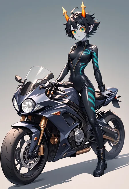 ZPDXL3, score_9, score_8_up, score_7_up, rating_unsafe, solo, masterpiece, female troll, slim, small waist, grey skin, pointy ears, round face, wide eyes, black freckles, black hair, short hair, scruffy hair, turquoise eyes, yellow sclera, straight orange horns, open top black tight leather bodysuit with turquoise stripes, open top motorcycle bodysuit with zipper, military boots, riding motorcycle, cr0tchr0ck3t, motorcycle, ground vehicle, motorcycle,