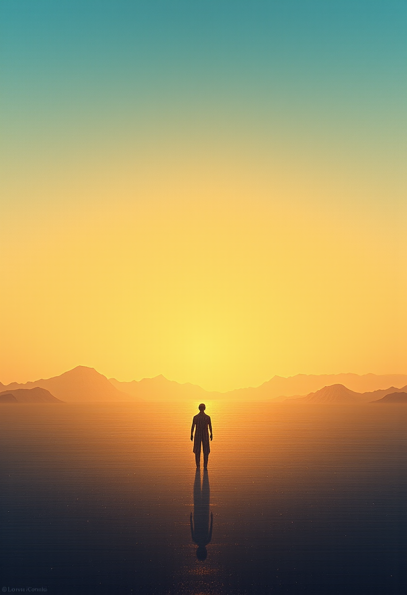 In the heart of an endless sunset, a single figure stands upright against a distant horizon. Their minimalistic silhouette illuminated by a soft golden glow, they exude a sense of calm amidst the fleeting landscape. The sky above is a fusion of impressionistic hues - gentle gradients shifting from luminous golds to deep cerulean blues. Linear shapes create the impression of distant mountain ranges, whereas simple silhouettes form clouds that drift across the canvas. The linear contours of the earth below become more intricate as they approach the central figure, who is seemingly locked in deep contemplation. A hint of uniformity arises from the reduction in forms surrounding them, creating a sense of isolation amongst the chaos that borders their world. As the observers gaze lingers, an ethereal connection is felt between this solitary being and the serene backdrop behind them. The beauty lies not just in their unwavering presence but also in the harmony between the fleeting light, the simplicity of forms, and the tension that exists between natures complexity and mankinds minimalist desires. Within this tranquil setting, minimalism meets impressionism, merging together to form a striking image that resonates with timeless beauty. The reduction of elements invites the viewer to explore the essence of this moment - an intersection where mythical wonder and human contemplation meet upon the horizon. ,<lora:flux/fav/3d_Abstract_Op-Art-000005.safetensors:1.0:1.0>
