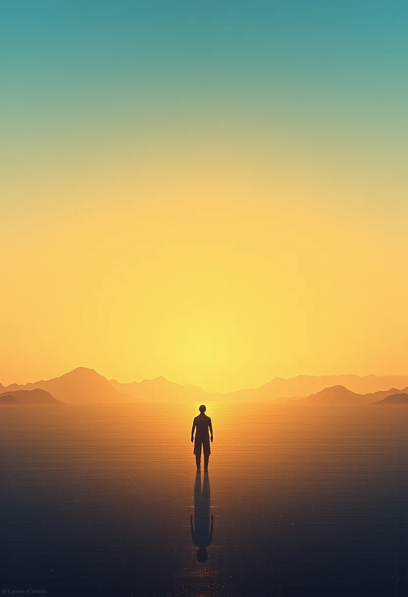 In the heart of an endless sunset, a single figure stands upright against a distant horizon. Their minimalistic silhouette illuminated by a soft golden glow, they exude a sense of calm amidst the fleeting landscape. The sky above is a fusion of impressionistic hues - gentle gradients shifting from luminous golds to deep cerulean blues. Linear shapes create the impression of distant mountain ranges, whereas simple silhouettes form clouds that drift across the canvas. The linear contours of the earth below become more intricate as they approach the central figure, who is seemingly locked in deep contemplation. A hint of uniformity arises from the reduction in forms surrounding them, creating a sense of isolation amongst the chaos that borders their world. As the observers gaze lingers, an ethereal connection is felt between this solitary being and the serene backdrop behind them. The beauty lies not just in their unwavering presence but also in the harmony between the fleeting light, the simplicity of forms, and the tension that exists between natures complexity and mankinds minimalist desires. Within this tranquil setting, minimalism meets impressionism, merging together to form a striking image that resonates with timeless beauty. The reduction of elements invites the viewer to explore the essence of this moment - an intersection where mythical wonder and human contemplation meet upon the horizon. ,<lora:flux/fav/3d_Abstract_Op-Art-000005.safetensors:1.0:1.0>